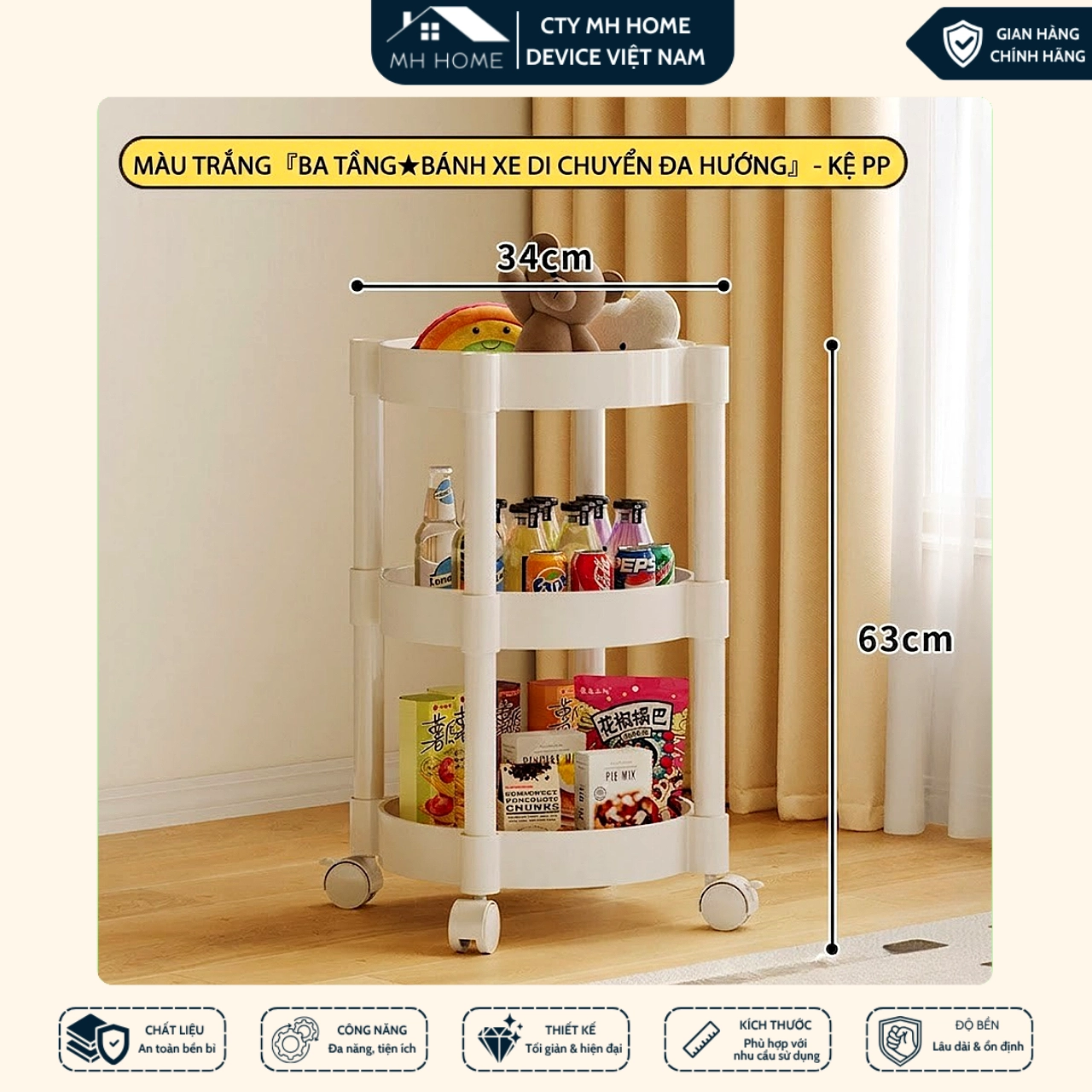 Kệ Để Đồ Đa Năng Có Bánh Xe Xoay 360° - Kệ Nhựa Nhiều Tầng Tiện Dụng Cho Nhà Bếp, Nhà Tắm, Phòng Ngủ